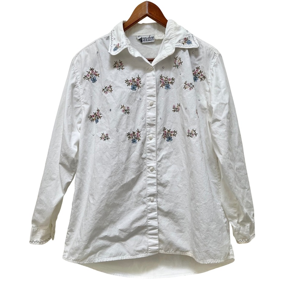 VTG  Fascination Womens White Embroidered Floral Bow Button Down Top Cottagecore